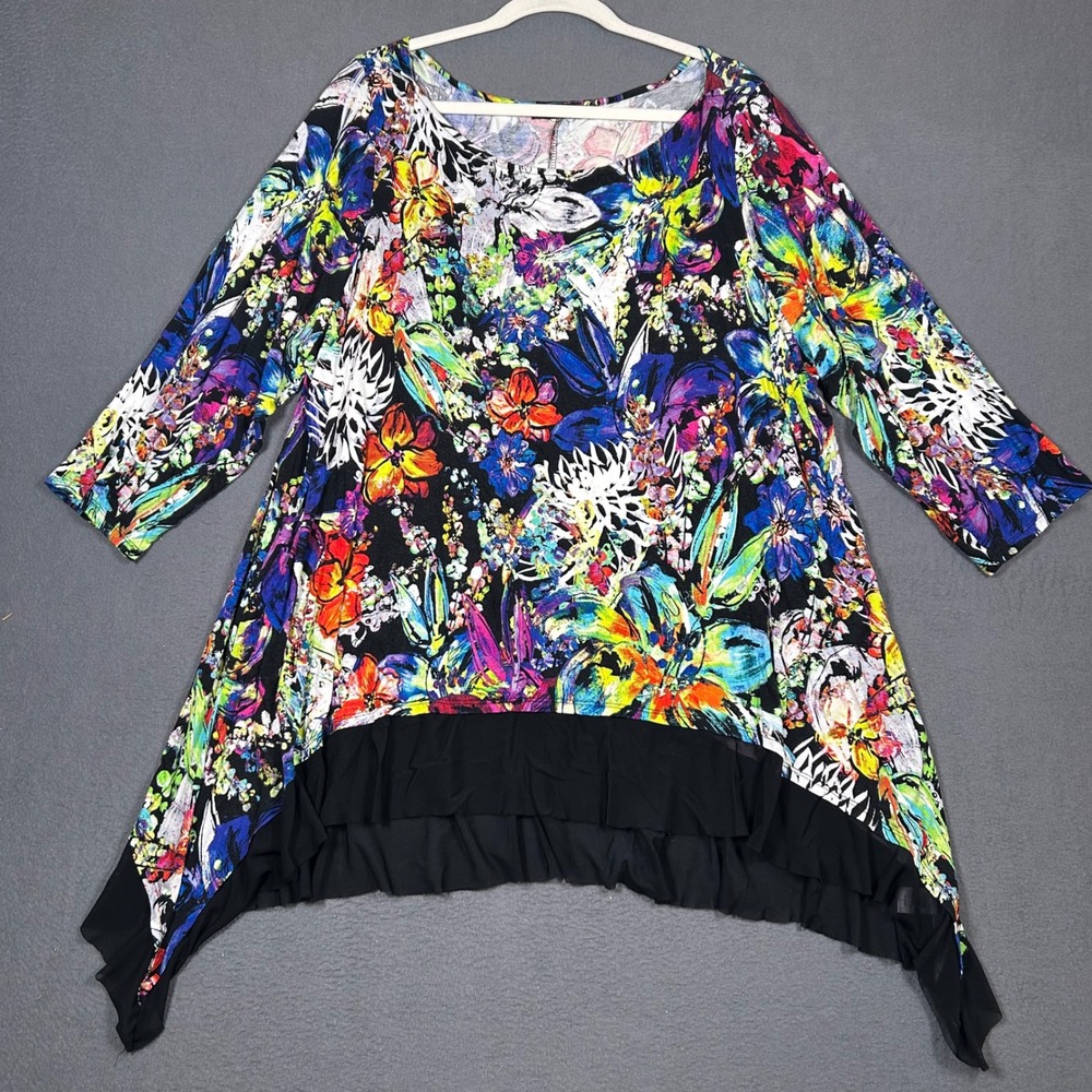Cupio Woman Tunic Top Womens 2X Multi Floral Sharkbite Hem Mesh Ruffle Trim
